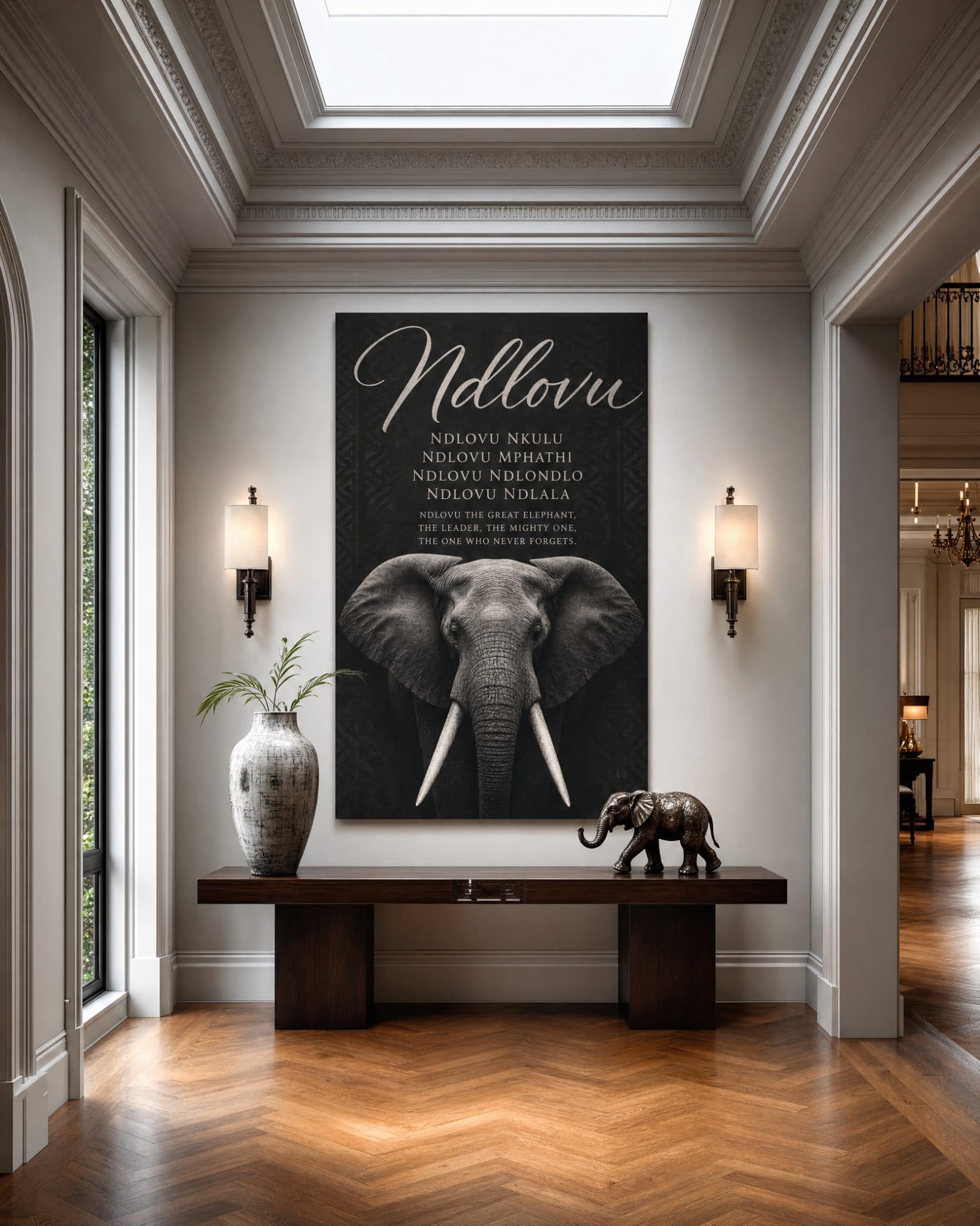Black and white portrait of an elephant with tusks, featuring African clan praise lines in a luxurious hallway setting.