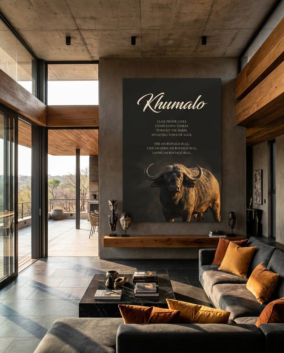 Powerful portrait of an African buffalo with Khumalo clan praise lines in a modern living space with concrete and wood.