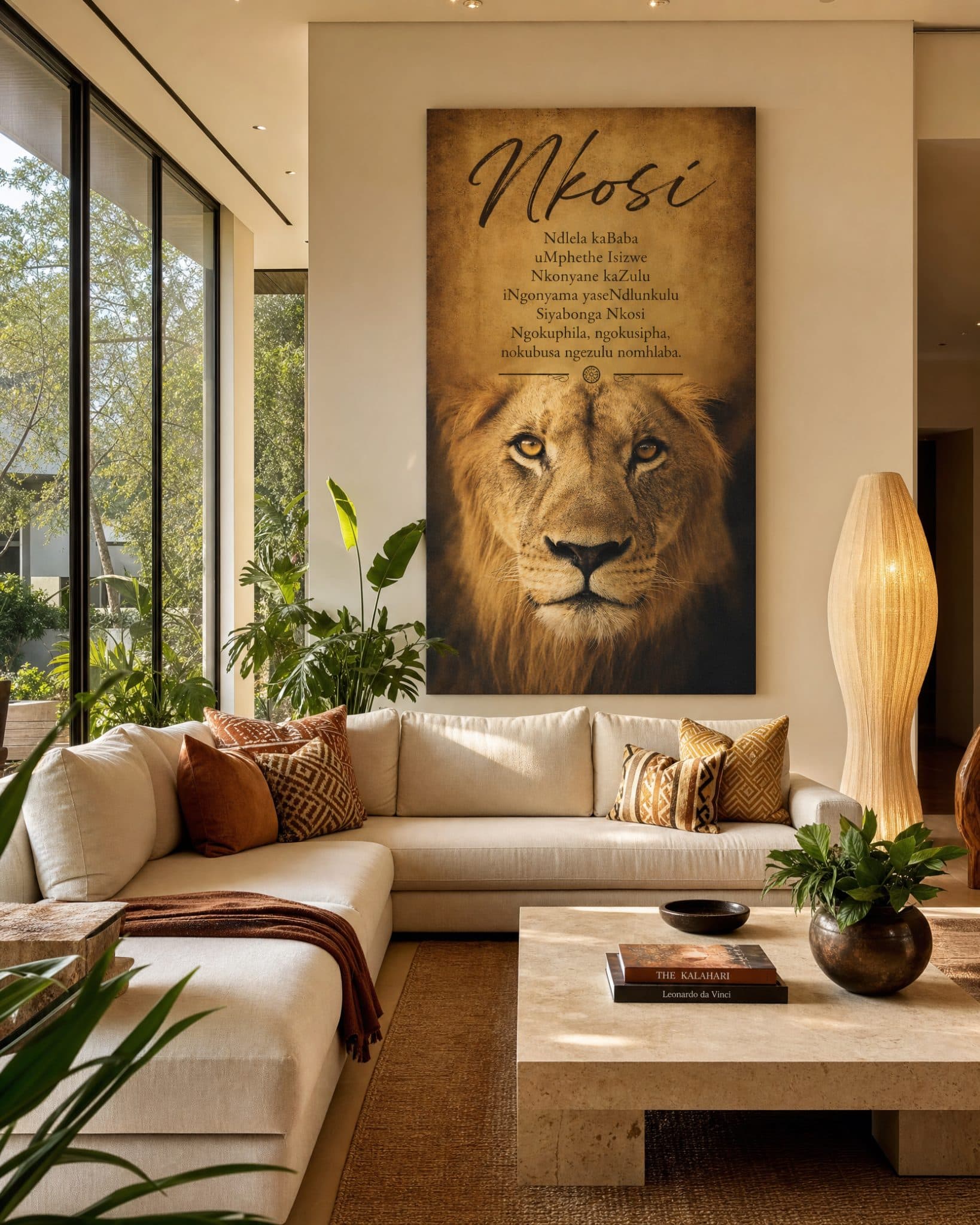 Close-up portrait of a majestic lion with Nkosi clan praise lines, in a bright, modern living room with large windows.