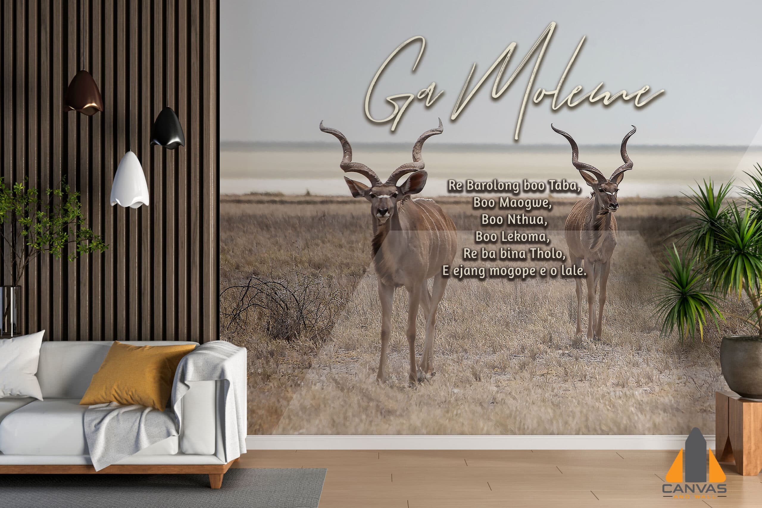 Wildlife wall mural in a modern living room, featuring two kudus and clan names. We do wallpaper installations in Gauteng.