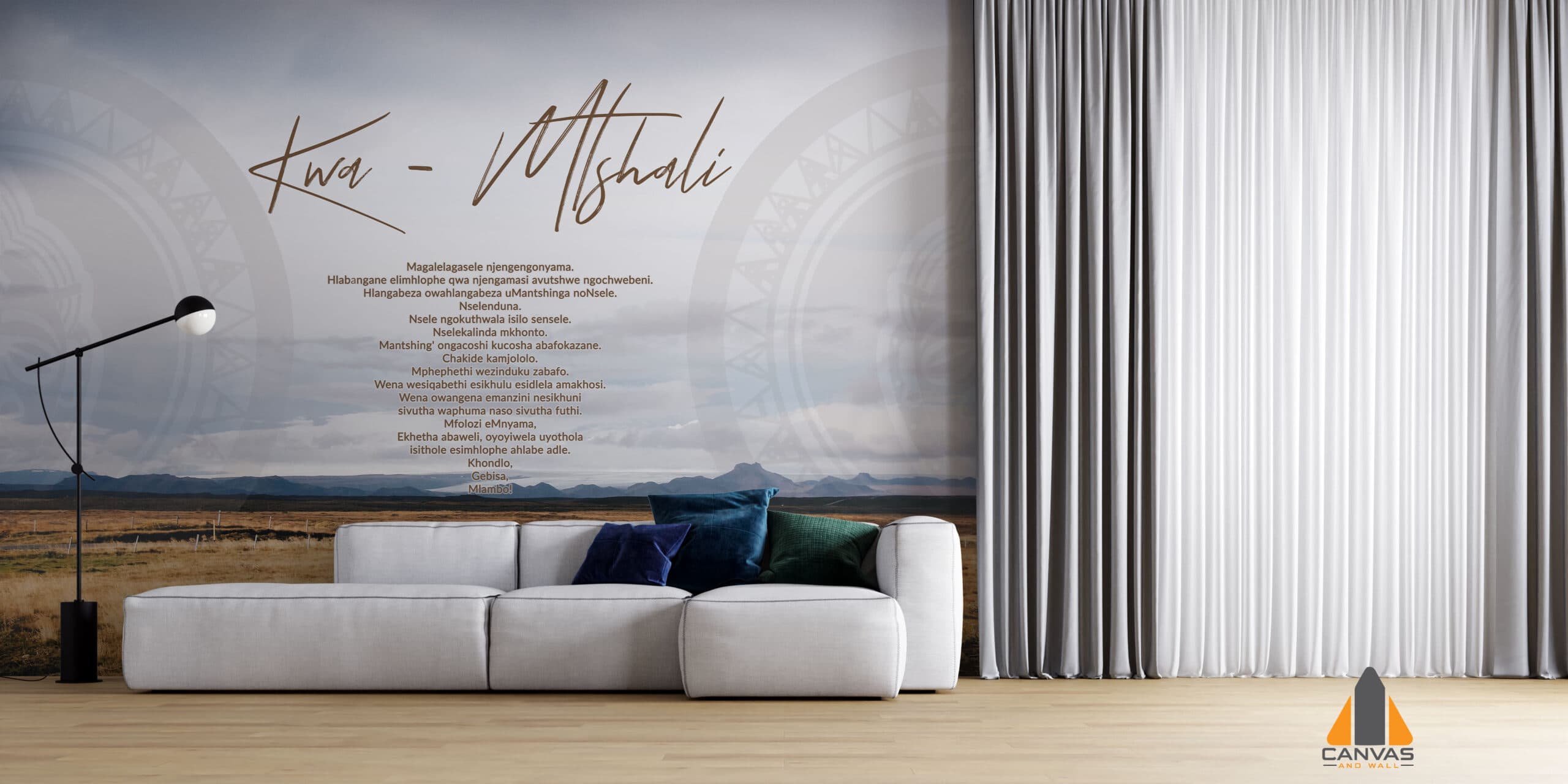 Kwa Mtshali clan names wall mural in a modern living room, with a scenic landscape and printed text.