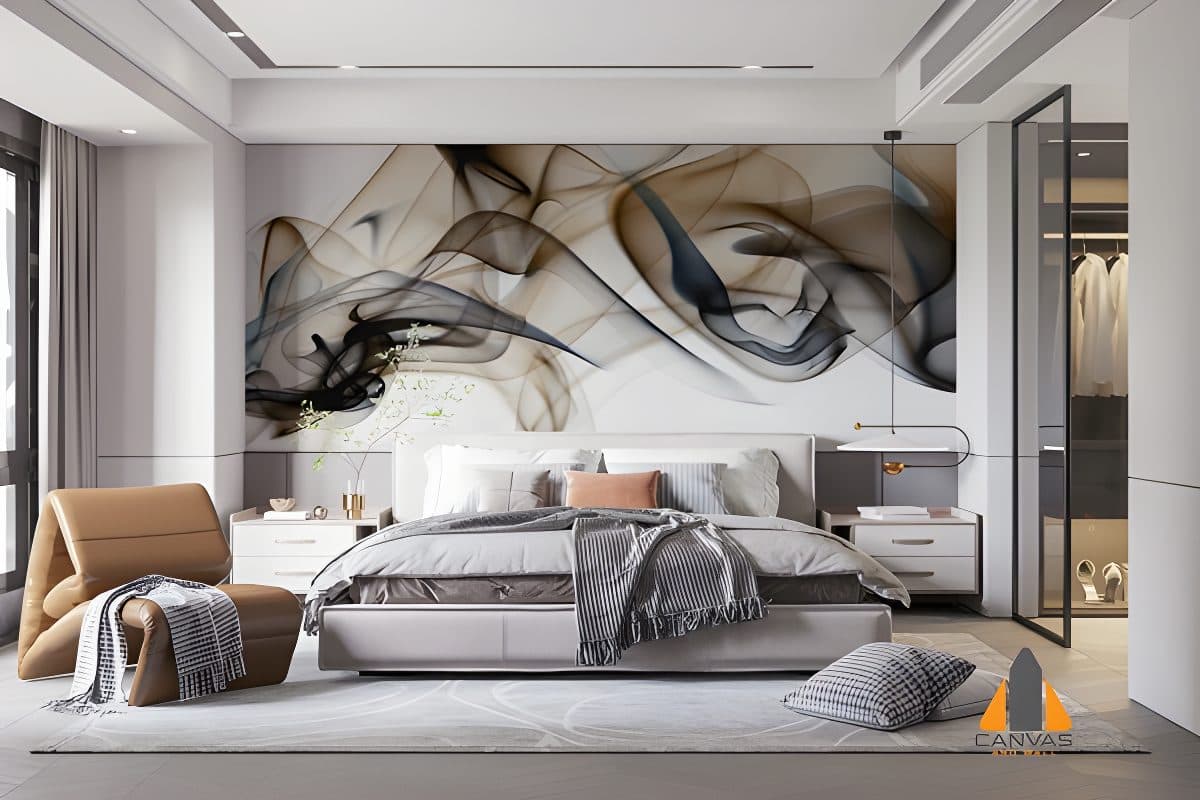 Translucent blue gold smoke wall mural in a modern bedroom, perfect for wallpaper installations in Gauteng.