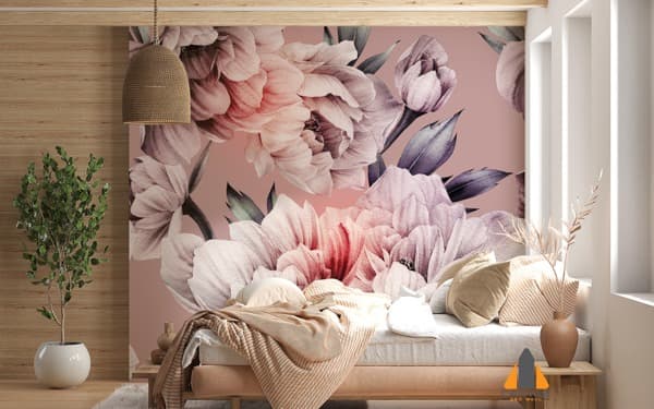 Vintage peony wall mural in a modern living room, perfect for wallpaper installations in Gauteng