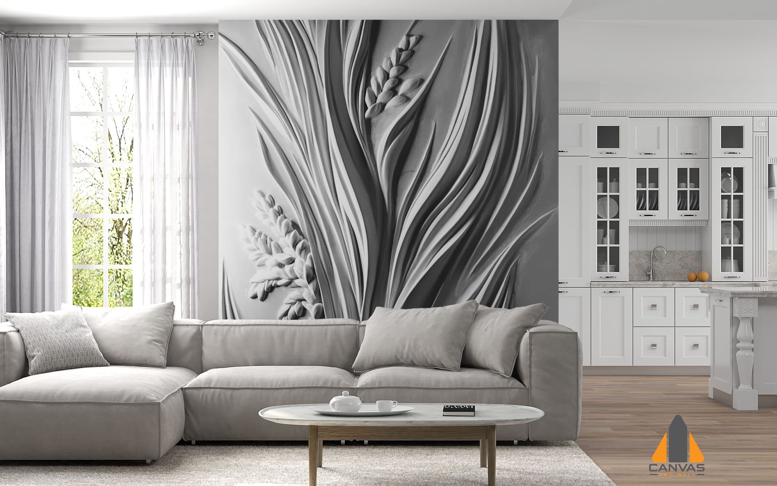 Grey 3D floral art wall mural with wheat design in a modern living room with white cabinetry.