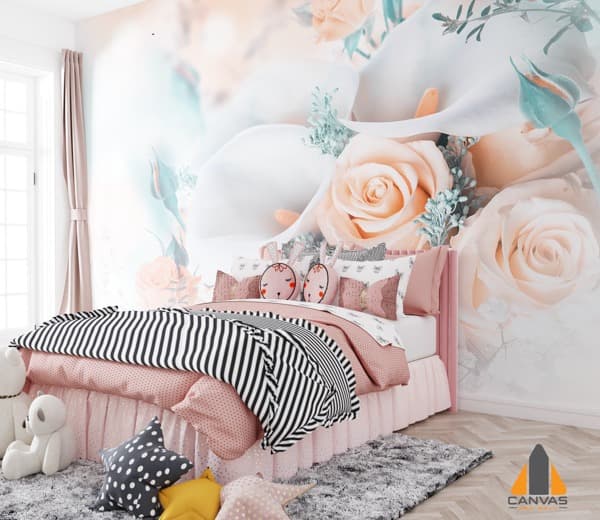 Floral wall mural with peach roses and white calla lilies in a child's bedroom, expert wallpaper installations.