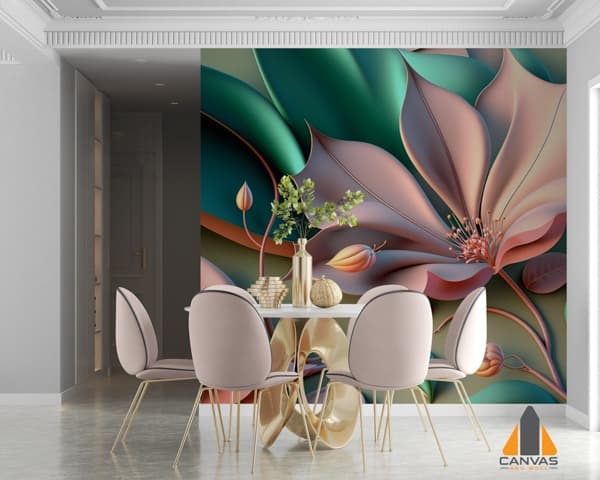 Pastel floral wall mural in a modern dining room, ideal for wallpaper installations in Gauteng.