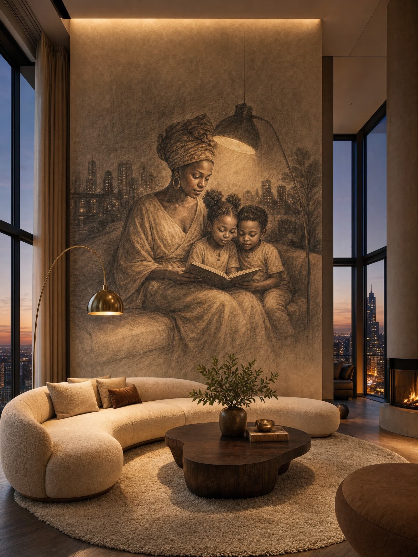 Evening Storytime Charcoal Mural - Wallpaper in room